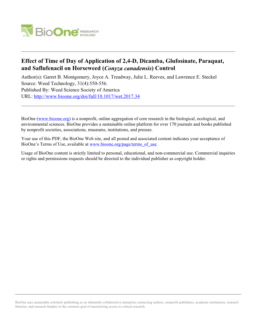 Effect of Time of Day of Application of 2,4-D, Dicamba, Glufosinate, Paraquat, and Saflufenacil on Horseweed (Conyza Canadensis) Control Author(S): Garret B