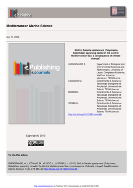 Shift in Sabella Spallanzanii (Polychaeta, Sabellidae) Spawning Period in the Central Mediterranean Sea: a Consequence of Climate Change?