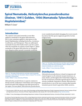 Spiral Nematode, Helicotylenchus Pseudorobustus (Steiner, 1941) Golden, 1956 (Nematoda: Tylenchida: Hoplolaimidae)1 William T