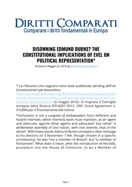 DISOWNING EDMUND BURKE? the CONSTITUTIONAL IMPLICATIONS of EVEL on POLITICAL REPRESENTATION* Posted on Maggio 23, 2016 by Barbara Guastaferro