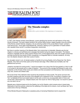 The Masada Complex by JAMIE LEVIN 26/01/2012 Masada Offers a Grim Reminder of the Importance of Compromise