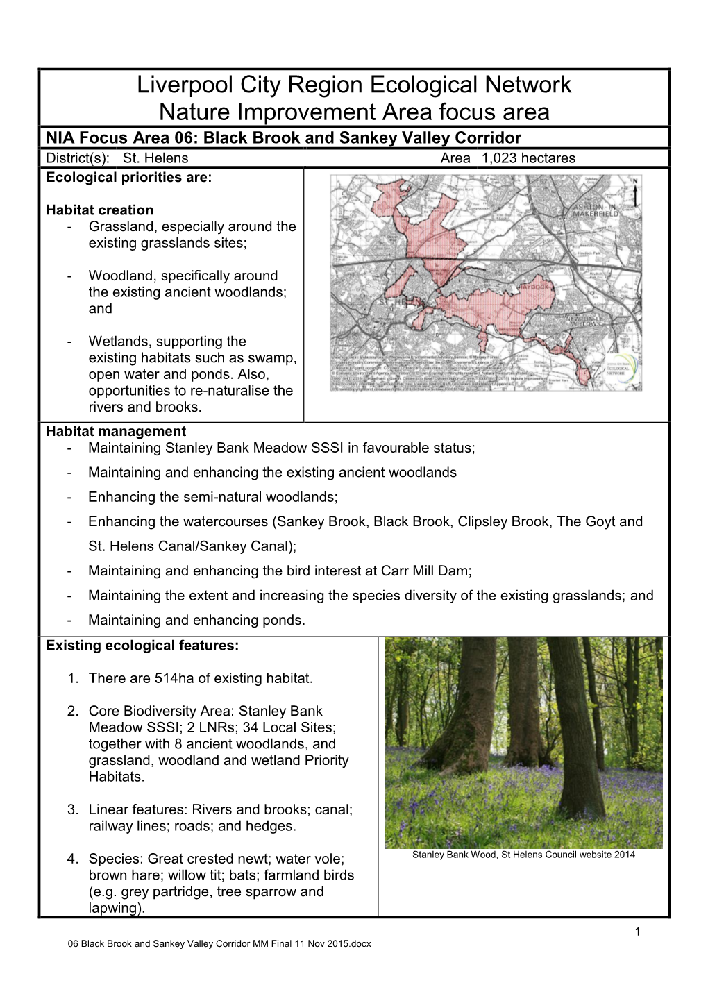 Liverpool City Region Ecological Network Nature Improvement Area Focus Area NIA Focus Area 06: Black Brook and Sankey Valley Corridor District(S): St