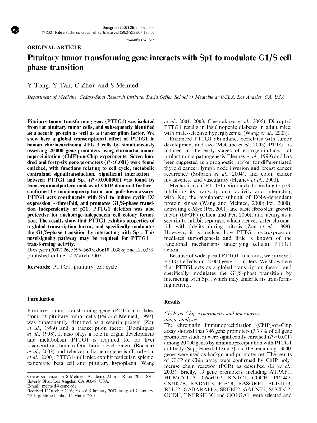 Pituitary Tumor Transforming Gene Interacts with Sp1 to Modulate G1/S Cell Phase Transition