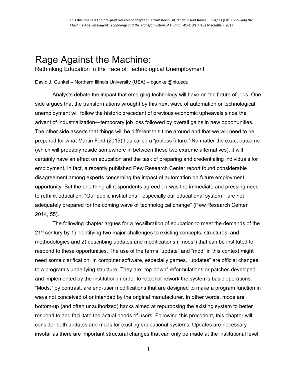 Rage Against the Machine: Rethinking Education in the Face of Technological Unemployment