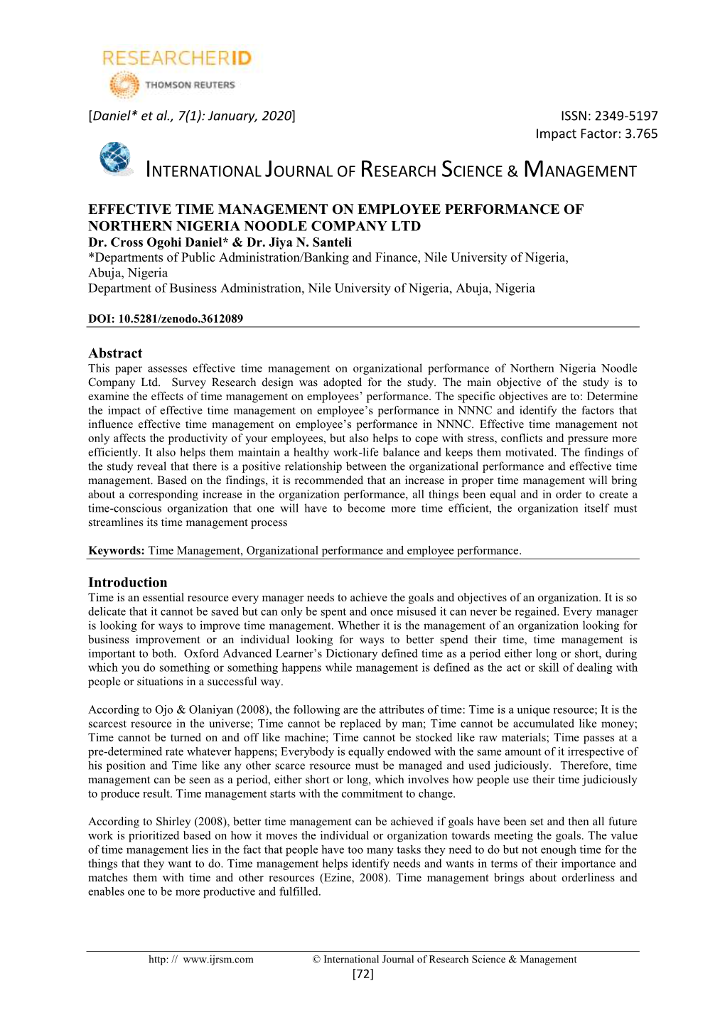 EFFECTIVE TIME MANAGEMENT on EMPLOYEE PERFORMANCE of NORTHERN NIGERIA NOODLE COMPANY LTD Dr