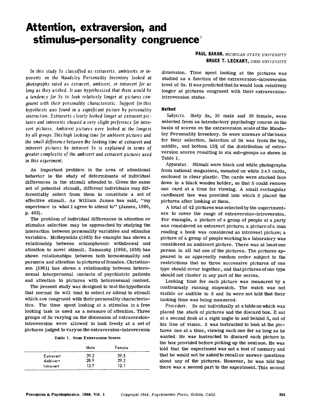 Attention, Extraversion, and Stimulus-Personality Congruence