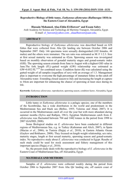 Reproductive Biology of Little Tunny, Euthynnus Alletteratus (Rafinesque 1810) in the Eastern Coast of Alexandria, Egypt