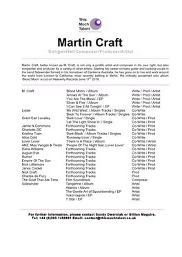 Martin Craft Songwriter/Composer/Producer/Artist