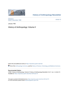History of Anthropology: Volume II