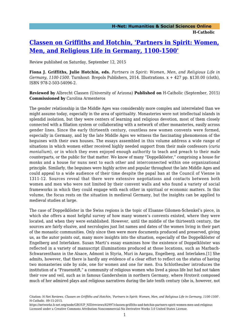 Classen on Griffiths and Hotchin, 'Partners in Spirit: Women, Men, and Religious Life in Germany, 1100-1500'