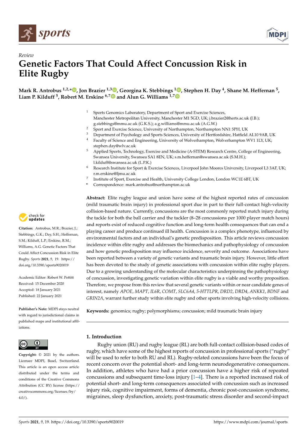 Genetic Factors That Could Affect Concussion Risk in Elite Rugby