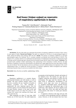 Red Foxes (Vulpes Vulpes) As Reservoirs of Respiratory Capillariosis in Serbia