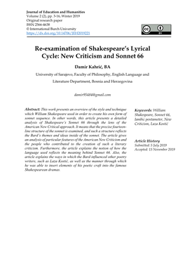 Re-Examination of Shakespeare's Lyrical Cycle: New Criticism And