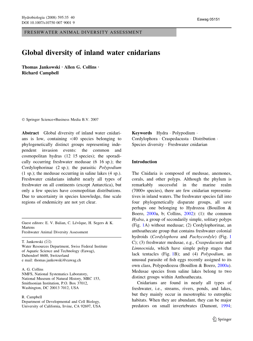 Global Diversity of Inland Water Cnidarians