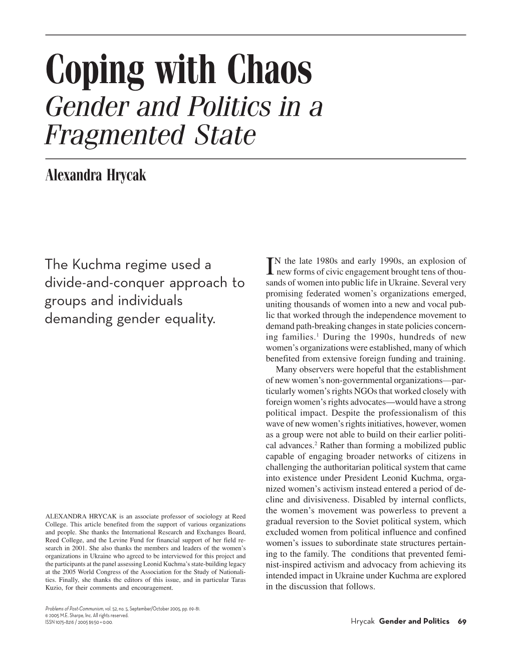 Coping with Chaos: Gender and Politics in a Fragmented State