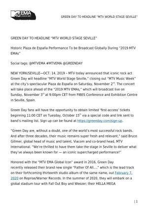 Green Day to Headline “Mtv World Stage Seville”