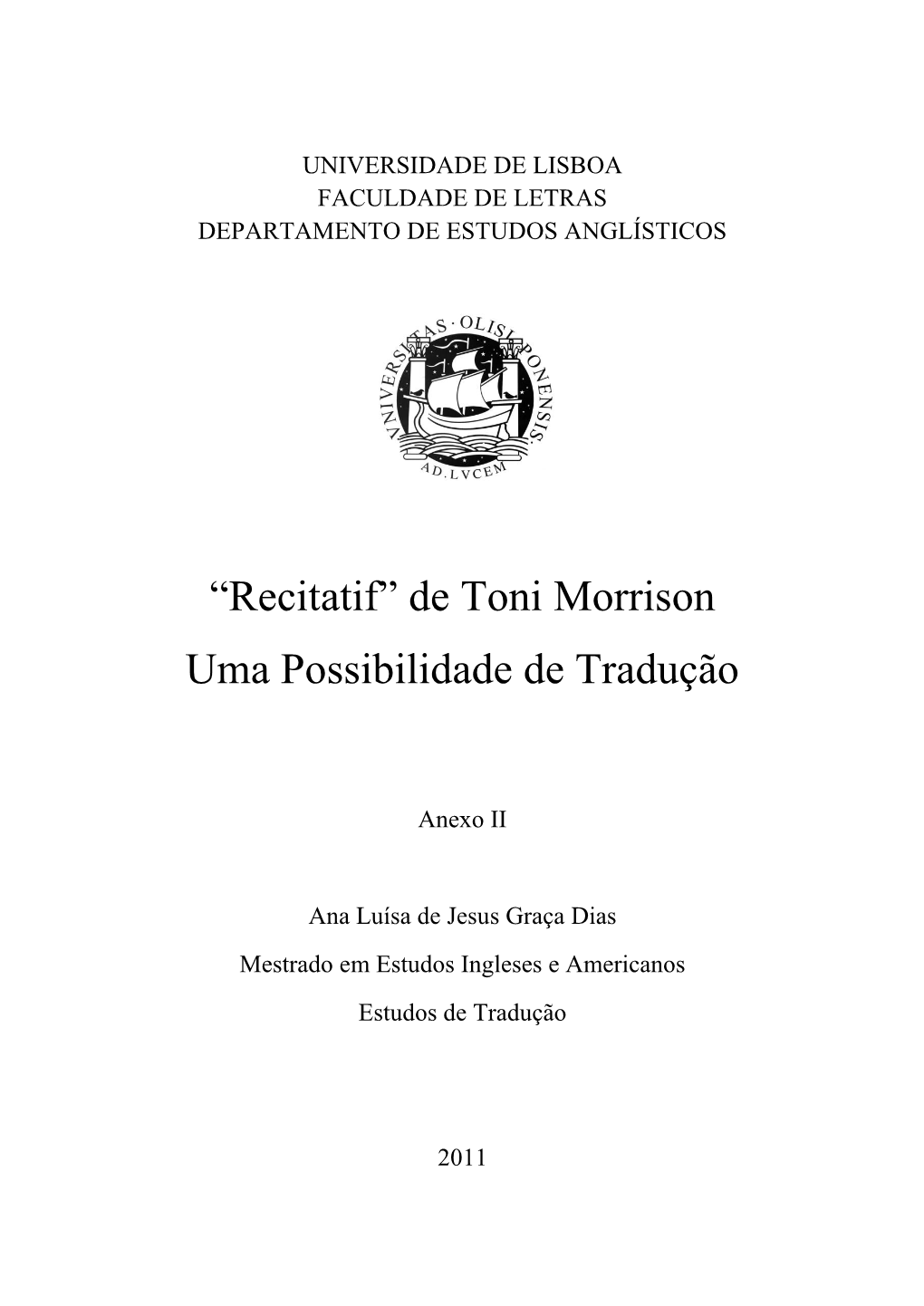 “Recitatif” De Toni Morrison Uma Possibilidade De Tradução