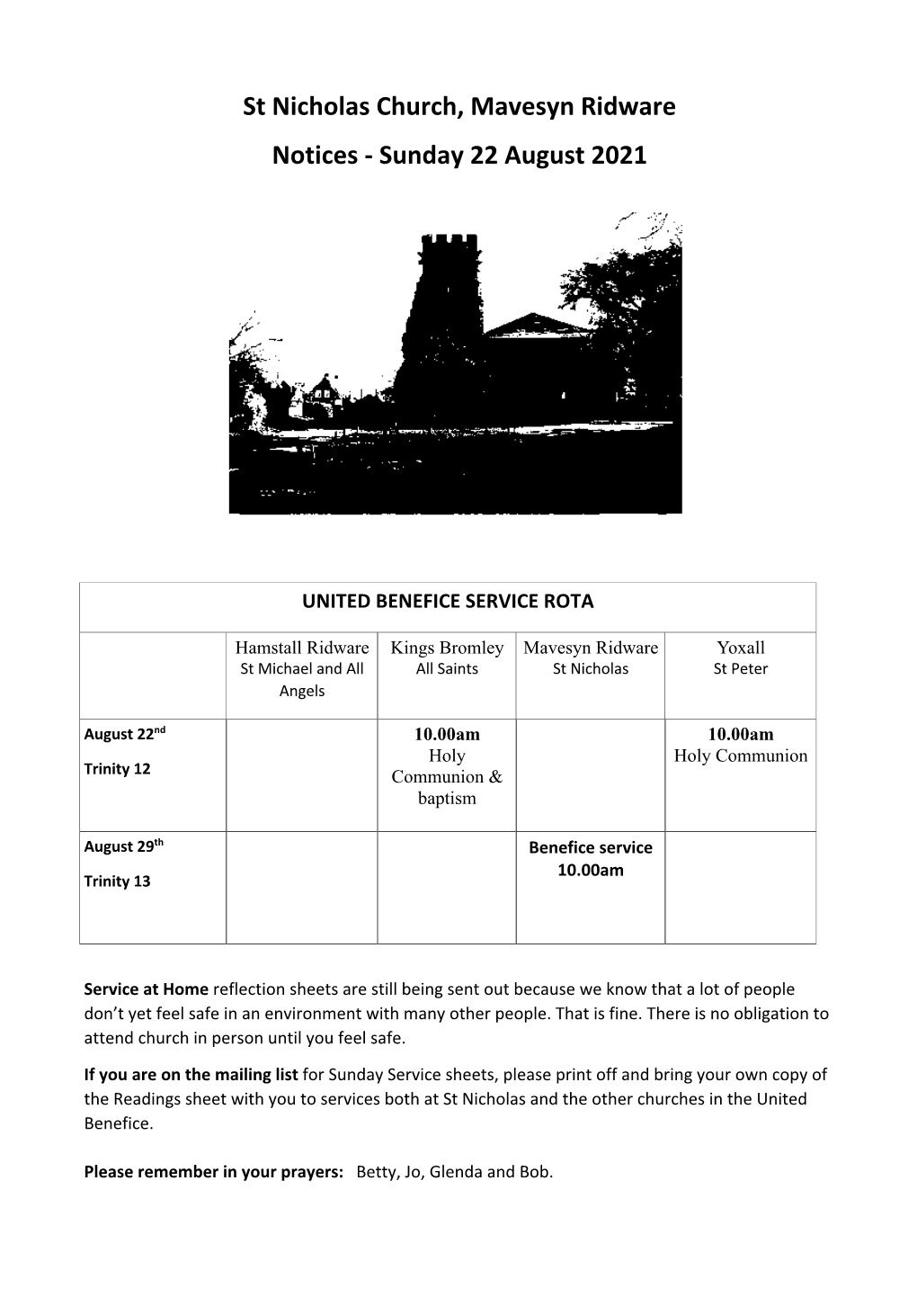 St Nicholas Church, Mavesyn Ridware Notices - Sunday 22 August 2021
