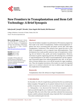 New Frontiers in Transplantation and Stem Cell Technology: a Brief Synopsis
