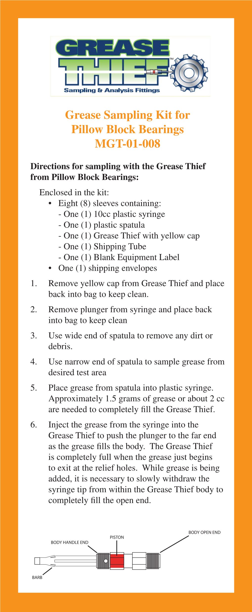 Grease Sampling Kit for Pillow Block Bearings MGT01008 DocsLib