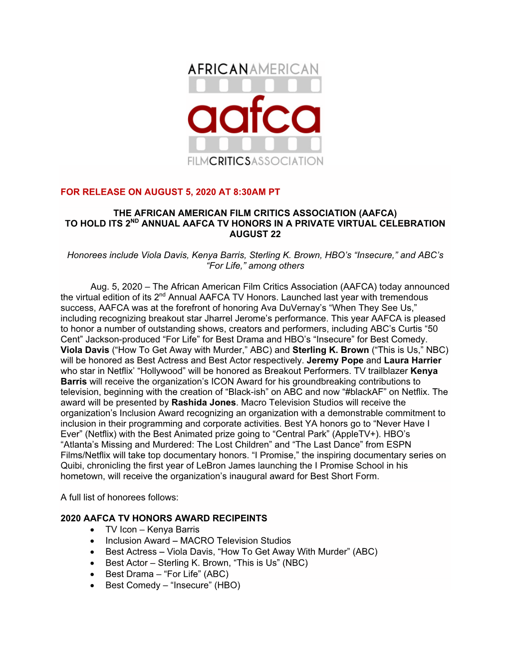 The African American Film Critics Association (Aafca) to Hold Its 2Nd Annual Aafca Tv Honors in a Private Virtual Celebration August 22