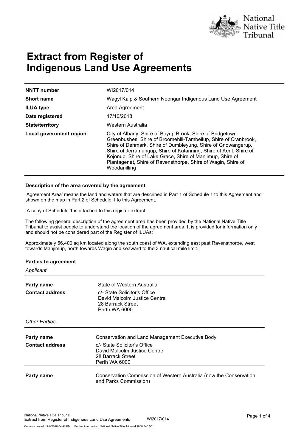 Extract from Register of Indigenous Land Use Agreements