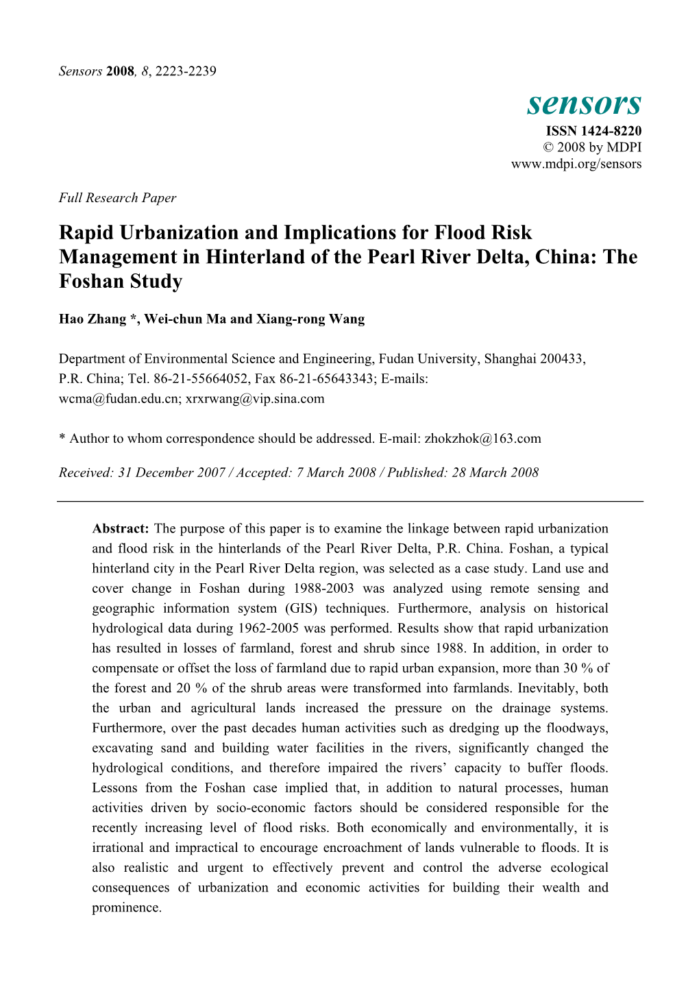 Rapid Urbanization and Implications for Flood Risk Management in Hinterland of the Pearl River Delta, China: the Foshan Study
