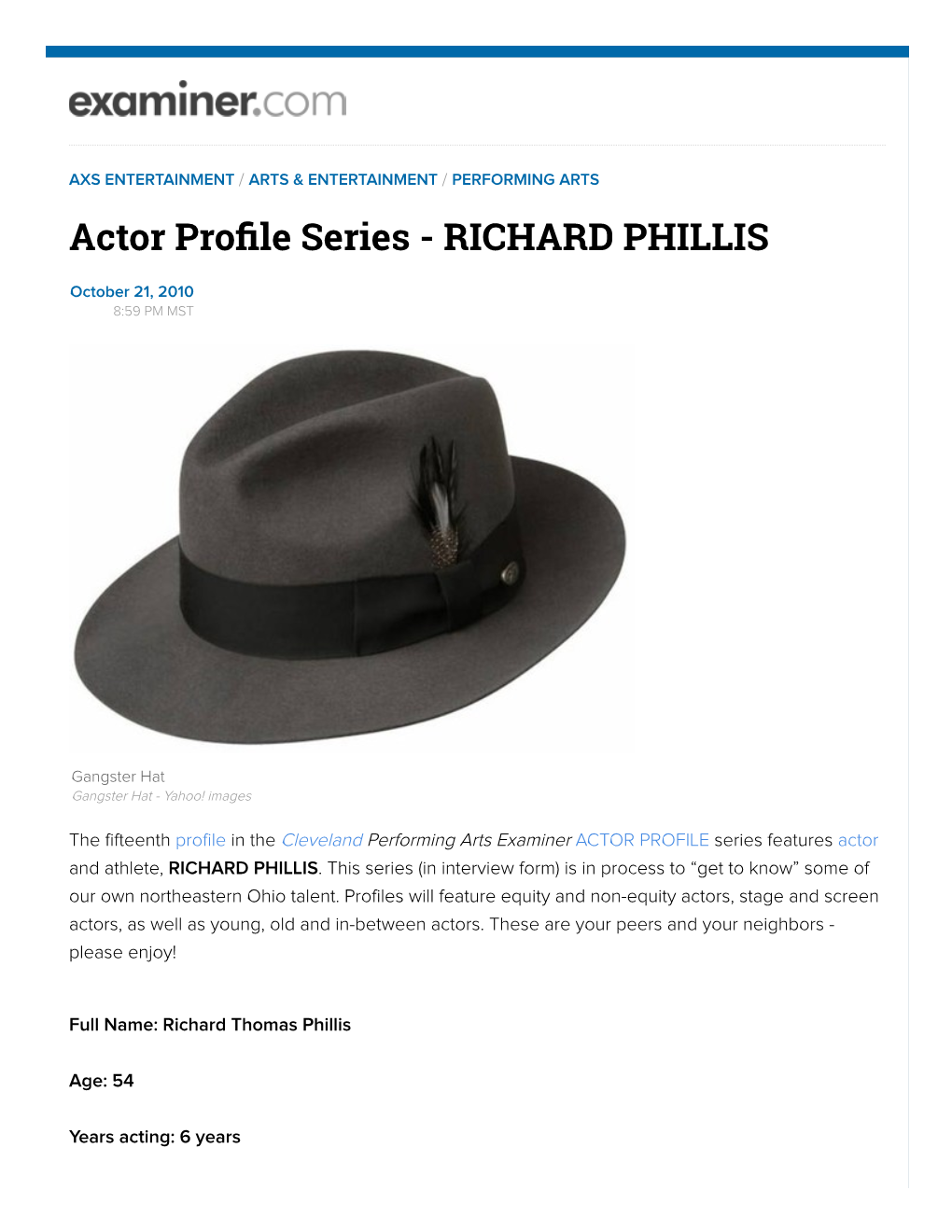 ACTOR PROFILE Series Features Actor and Athlete, RICHARD PHILLIS