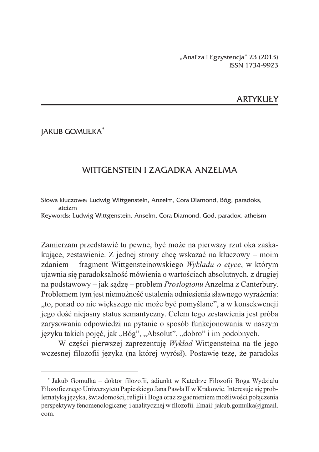 Artykuły Wittgenstein I Zagadka Anzelma