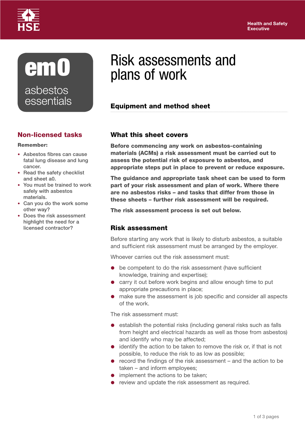 Risk Assessments and Plans of Work Health and Safety Executive