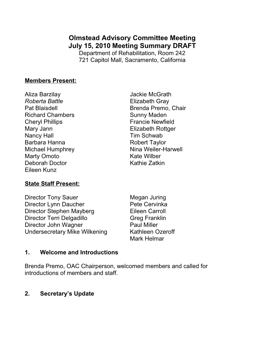 Olmstead Advisory Committee Meeting Page 2