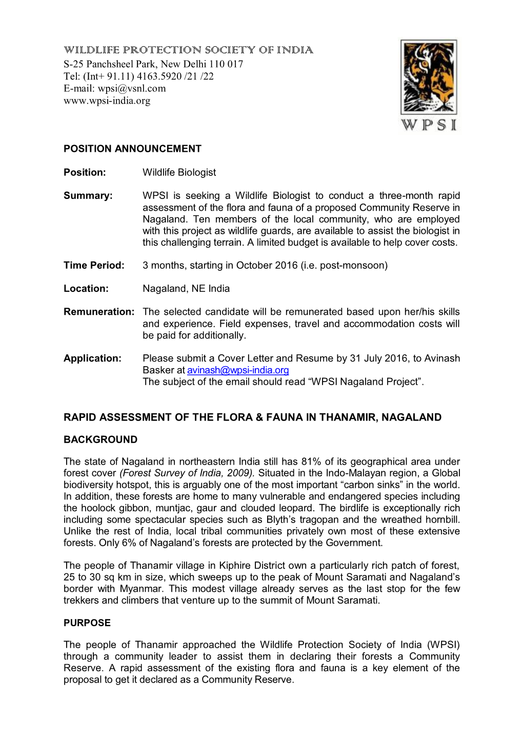 WILDLIFE PROTECTION SOCIETY of INDIA S-25 Panchsheel Park, New Delhi 110 017 Tel: (Int+ 91.11) 4163.5920 /21 /22 E-Mail: Wpsi@Vsnl.Com