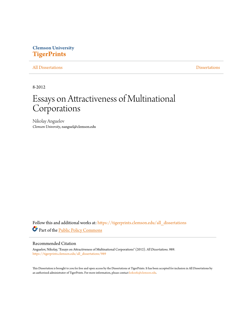 Essays on Attractiveness of Multinational Corporations Nikolay Anguelov Clemson University, Nanguel@Clemson.Edu