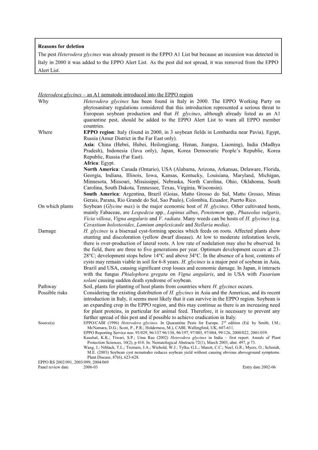 Heterodera Glycines an A1 Nematode Introduced Into the EPPO Region