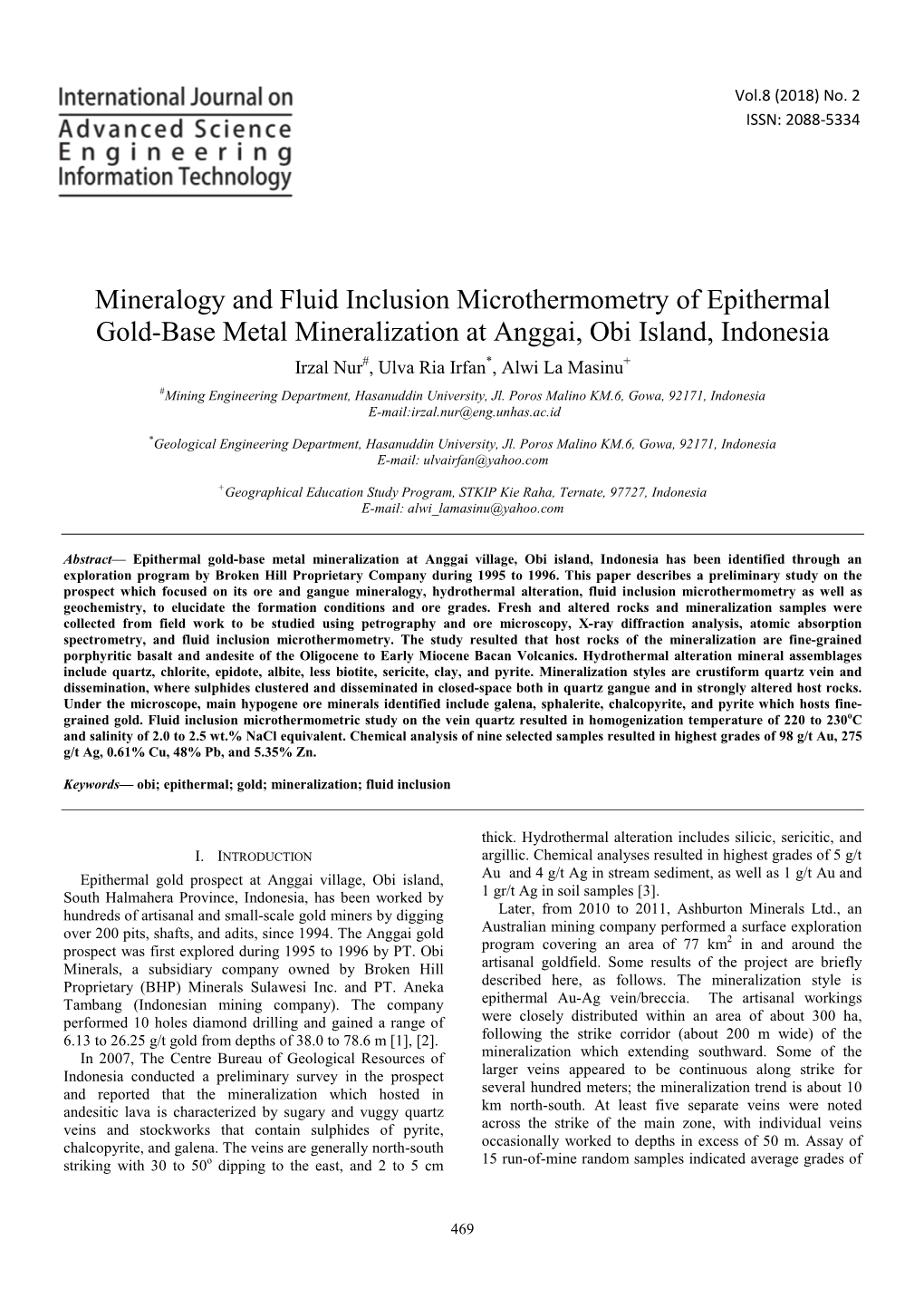 Mineralogy and Fluid Inclusion Microthermometry of Epithermal