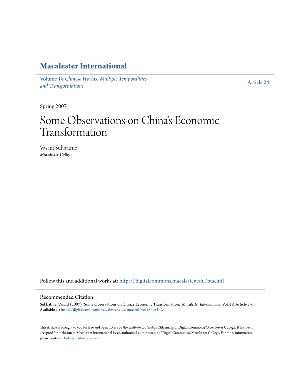 Some Observations on China's Economic Transformation Vasant Sukhatme Macalester College