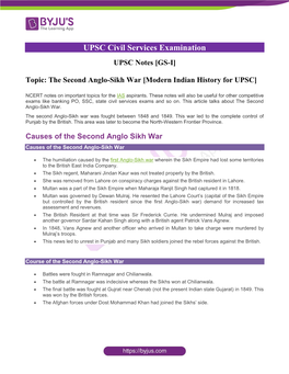 UPSC Notes [GS-I] Topic: the Second Anglo-Sikh