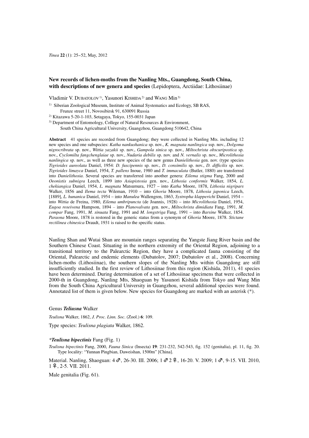 New Records of Lichen-Moths from the Nanling Mts., Guangdong, South China, with Descriptions of New Genera and Species (Lepidoptera, Arctiidae: Lithosiinae)