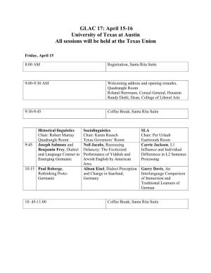 GLAC 17: April 15-16 University of Texas at Austin All Sessions Will Be Held at the Texas Union