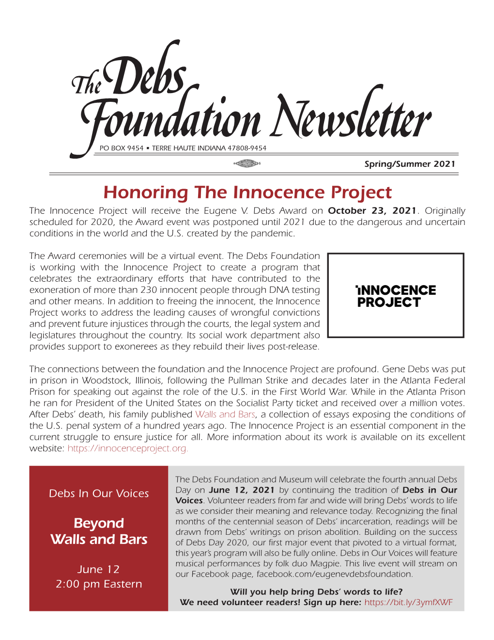 Honoring the Innocence Project the Innocence Project Will Receive the Eugene V