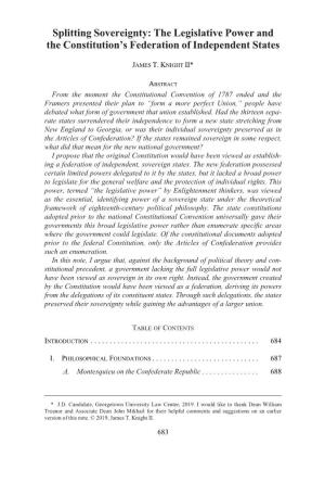 Splitting Sovereignty: the Legislative Power and the Constitution's Federation of Independent States