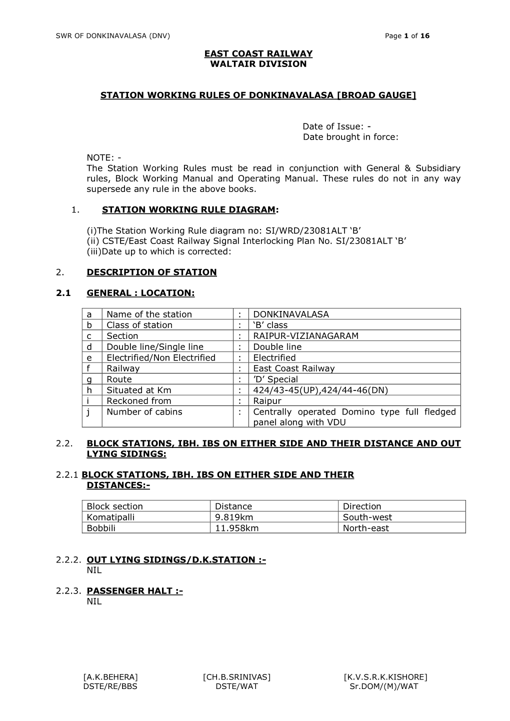 EAST COAST RAILWAY WALTAIR DIVISION STATION WORKING RULES of DONKINAVALASA [BROAD GAUGE] Date of Issue