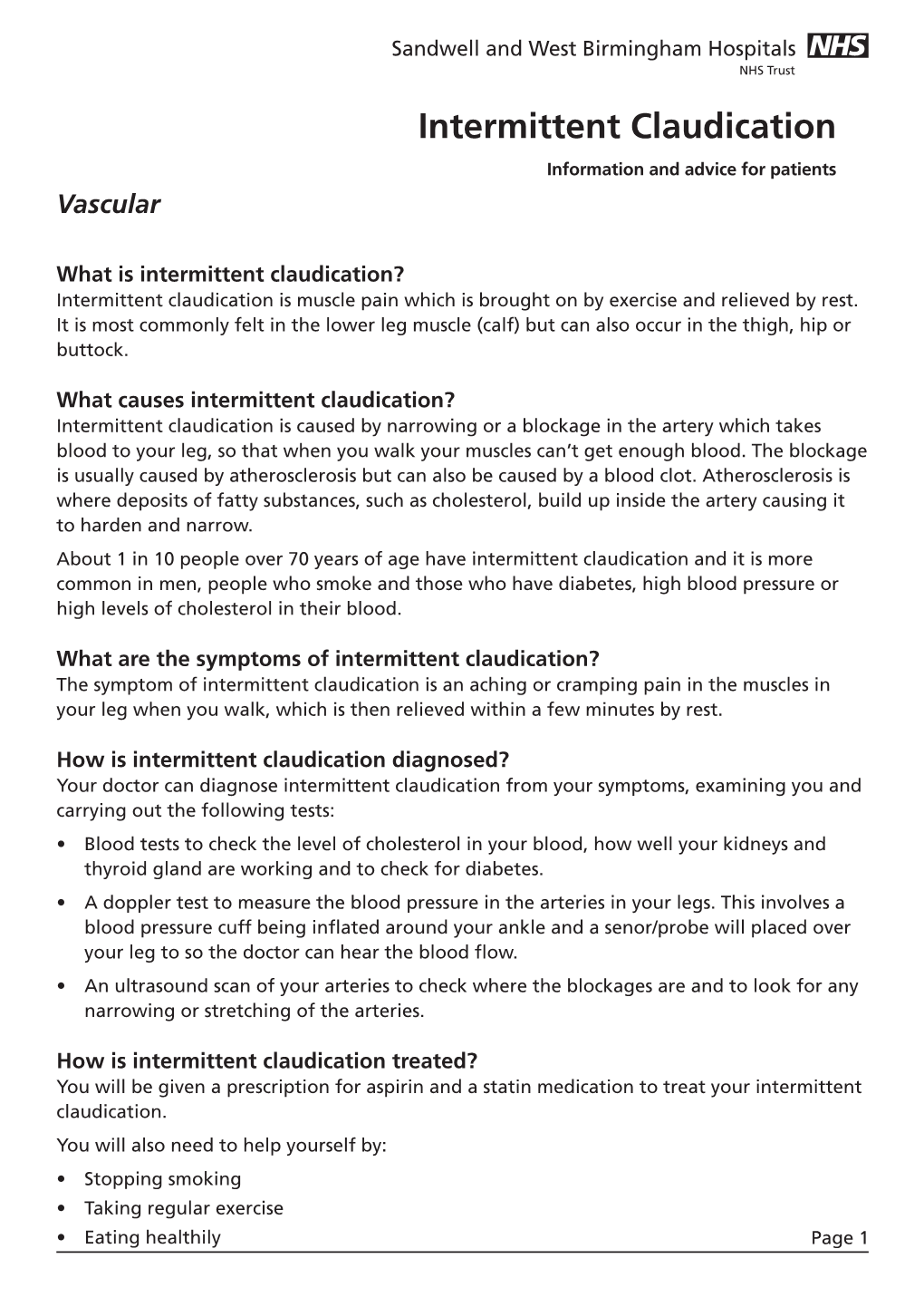 Intermittent Claudication Information and Advice for Patients Vascular