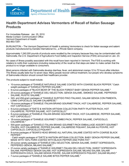 Health Department Advises Vermonters of Recall of Italian Sausage Products