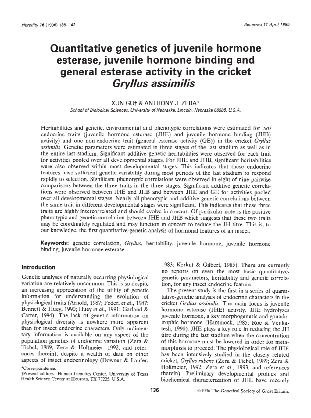 Esterase, Juvenile Hormone Binding and General Esterase Activity in the Cricket Gryllus Assimiis