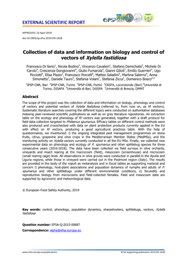 Collection of Data and Information on Biology and Control of Vectors of Xylella Fastidiosa
