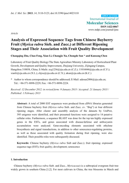 Analysis of Expressed Sequence Tags from Chinese Bayberry Fruit (Myrica Rubra Sieb