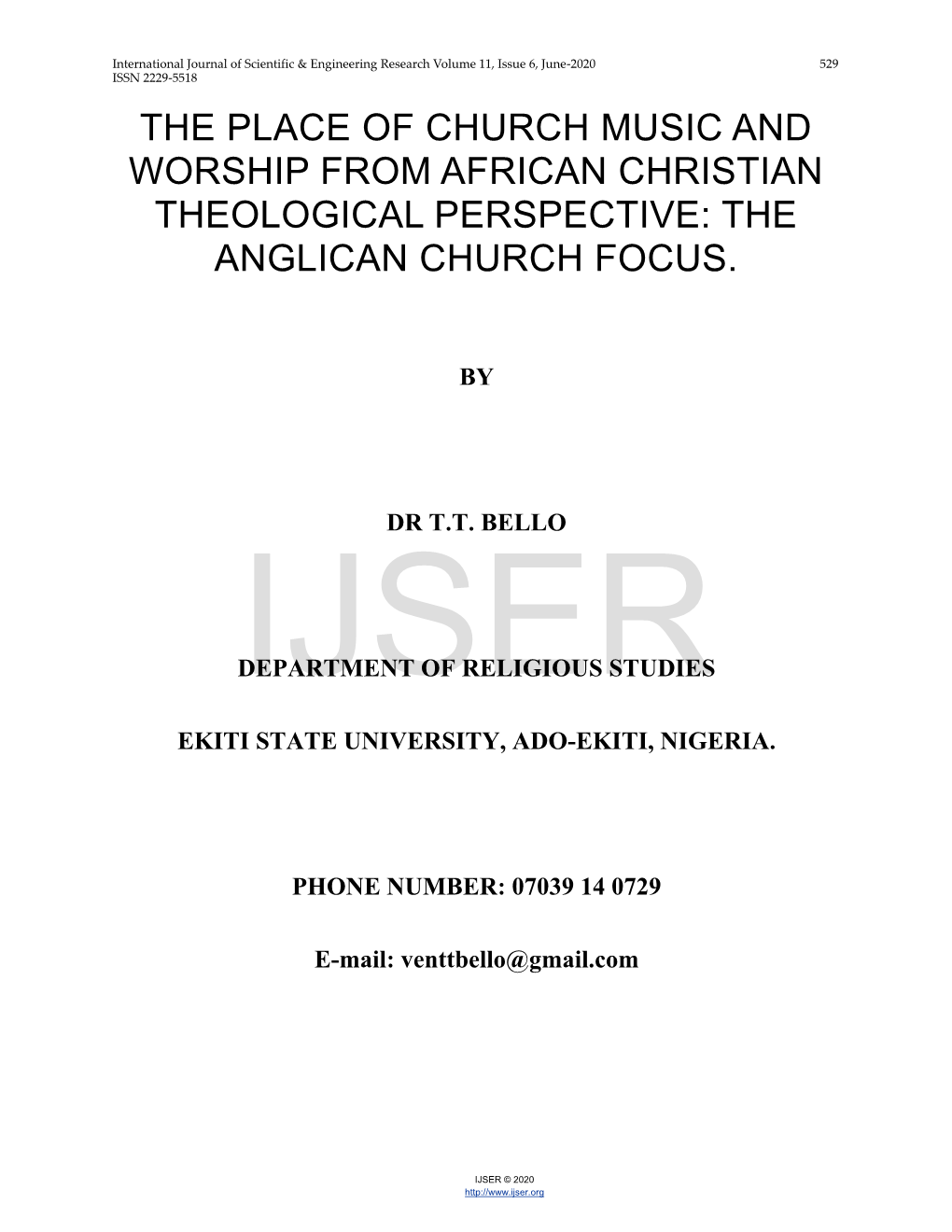 The Place of Church Music and Worship from African Christian Theological Perspective: the Anglican Church Focus