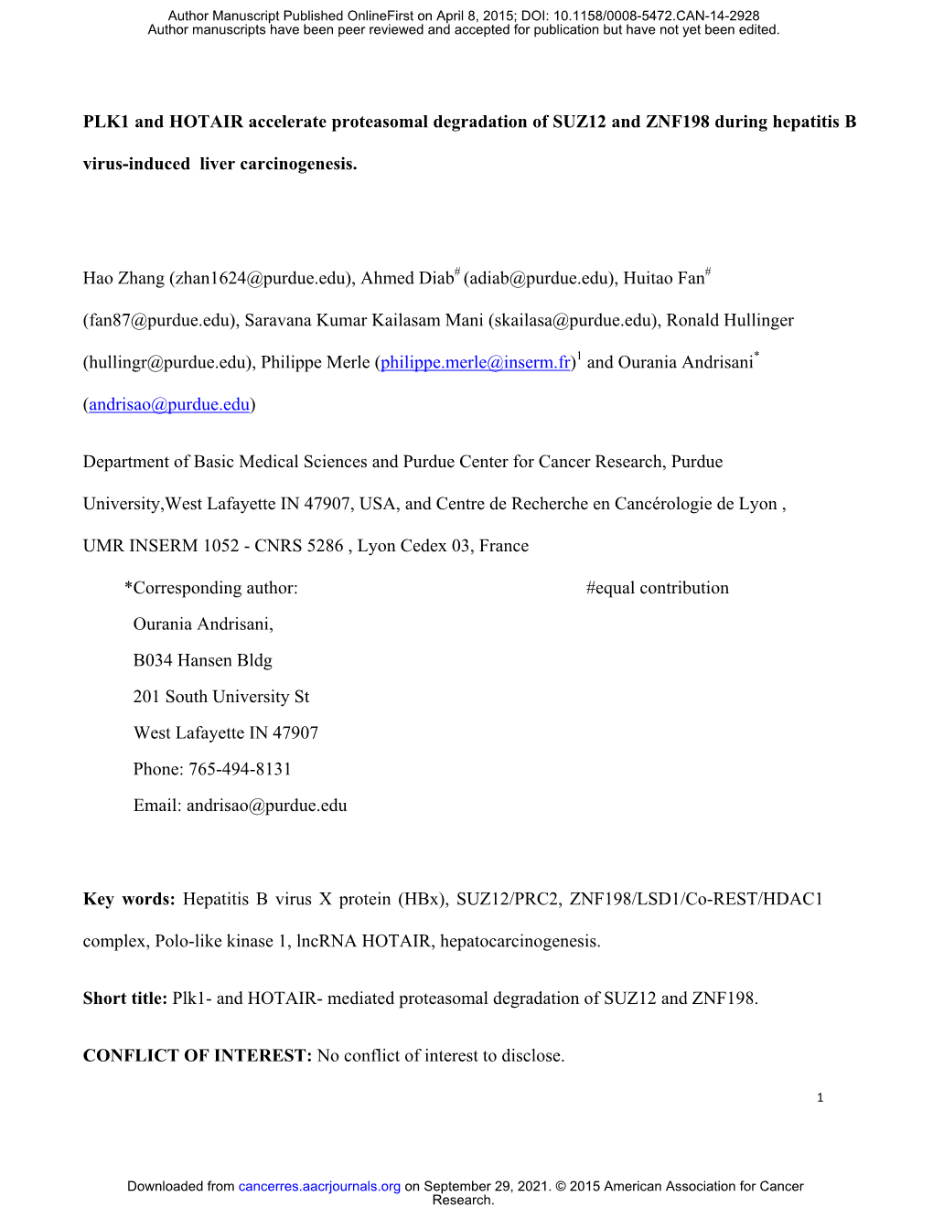 PLK1 and HOTAIR Accelerate Proteasomal Degradation of SUZ12 and ZNF198 During Hepatitis B Virus-Induced Liver Carcinogenesis