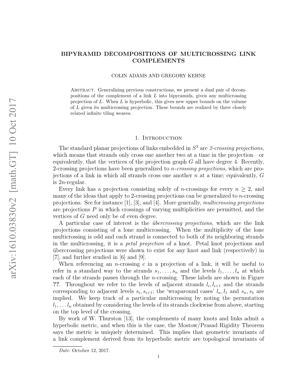 Arxiv:1610.03830V2 [Math.GT] 10 Oct 2017 Each of the Strands Passes Through the N-Crossing